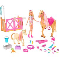 Barbie 带马和小马金发娃娃，带玩具动物和马厩配件，用于修饰马匹